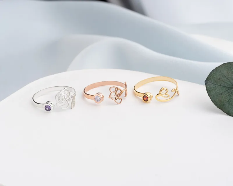 Adjustable Birth Flower Birthstone Ring